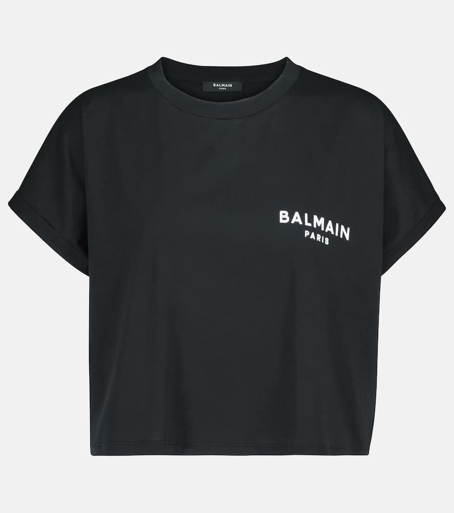 BALMAIN Cropped Flocked Cotton-jersey T-shirt In Black White Product Image