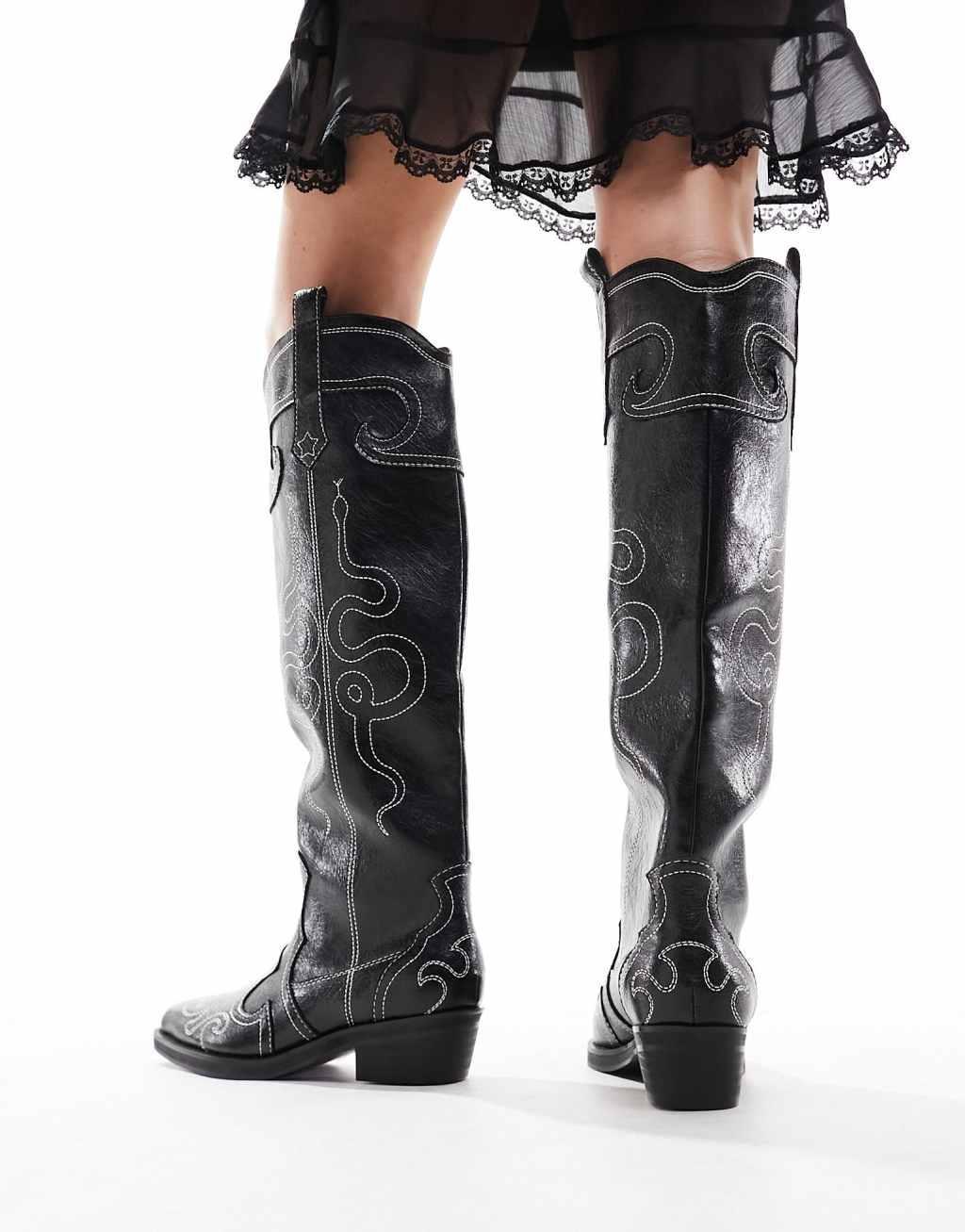 Public Desire Serpentine western boots with embroidery in black Product Image