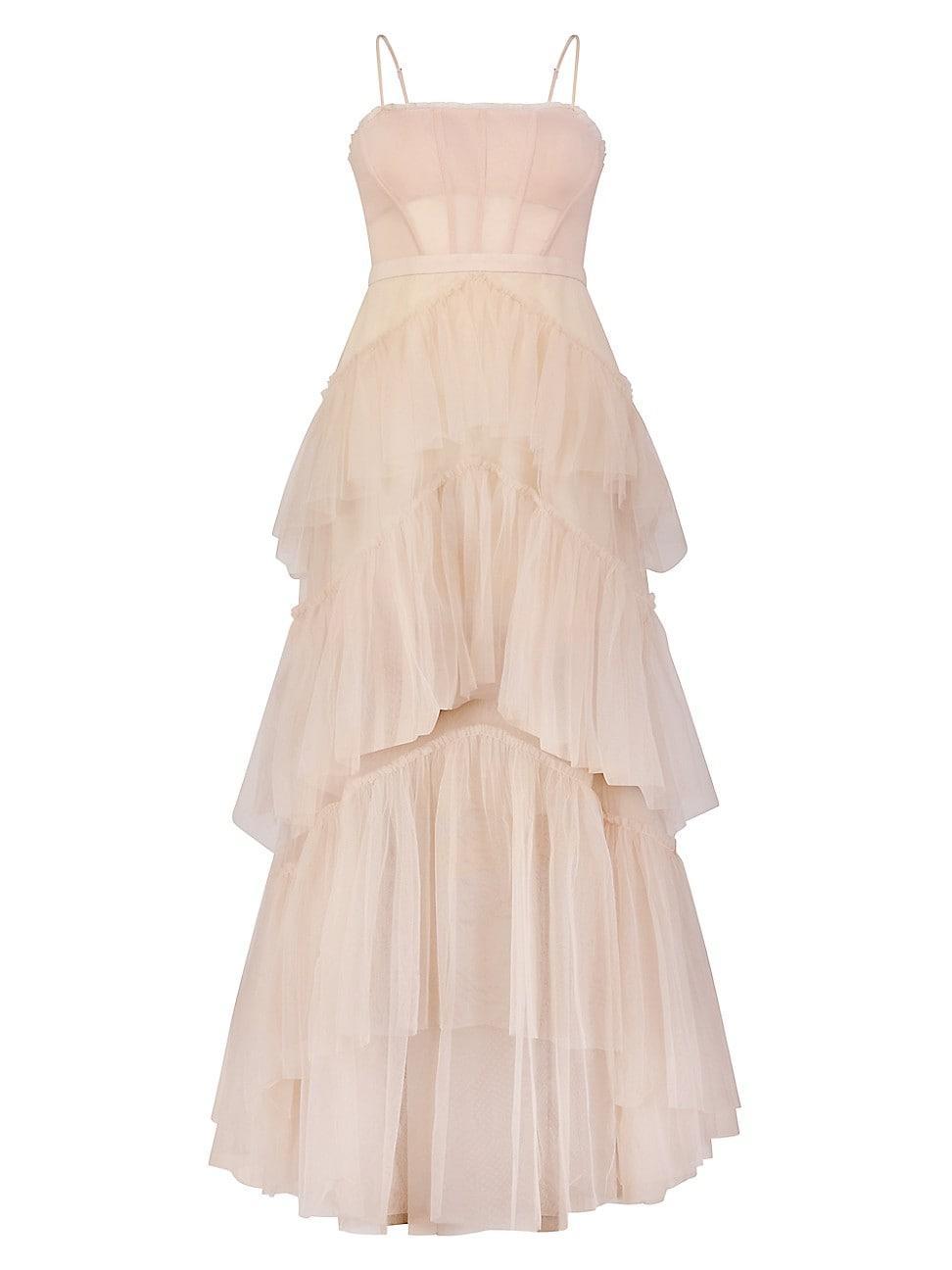 Womens Sheer Tiered Ruffle Gown Product Image