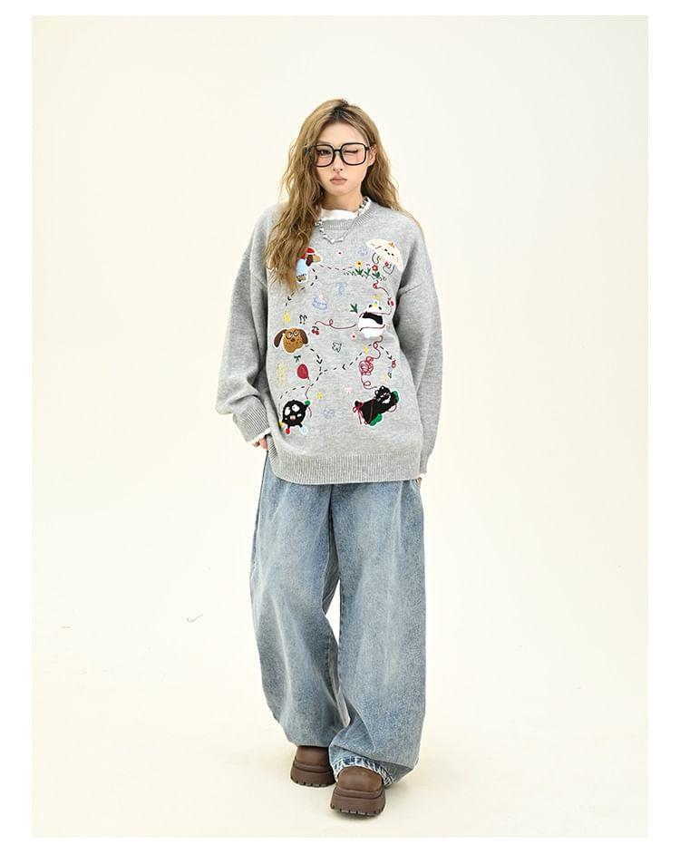 Drop Shoulder Crew Neck Cartoon Embroidered Oversized Sweater Product Image