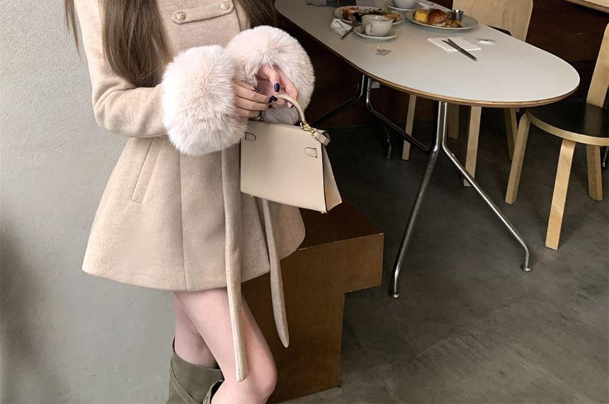 Plain Tie Waist Double-Breasted Coat / Capelet / Fluffy Scarf / Wrist Band / Set Product Image