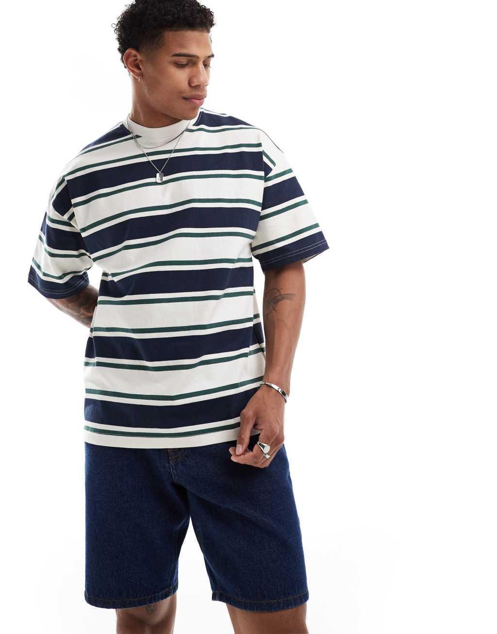 Selected Homme oversized heavy weight T-shirt in cream green navy stripe Product Image