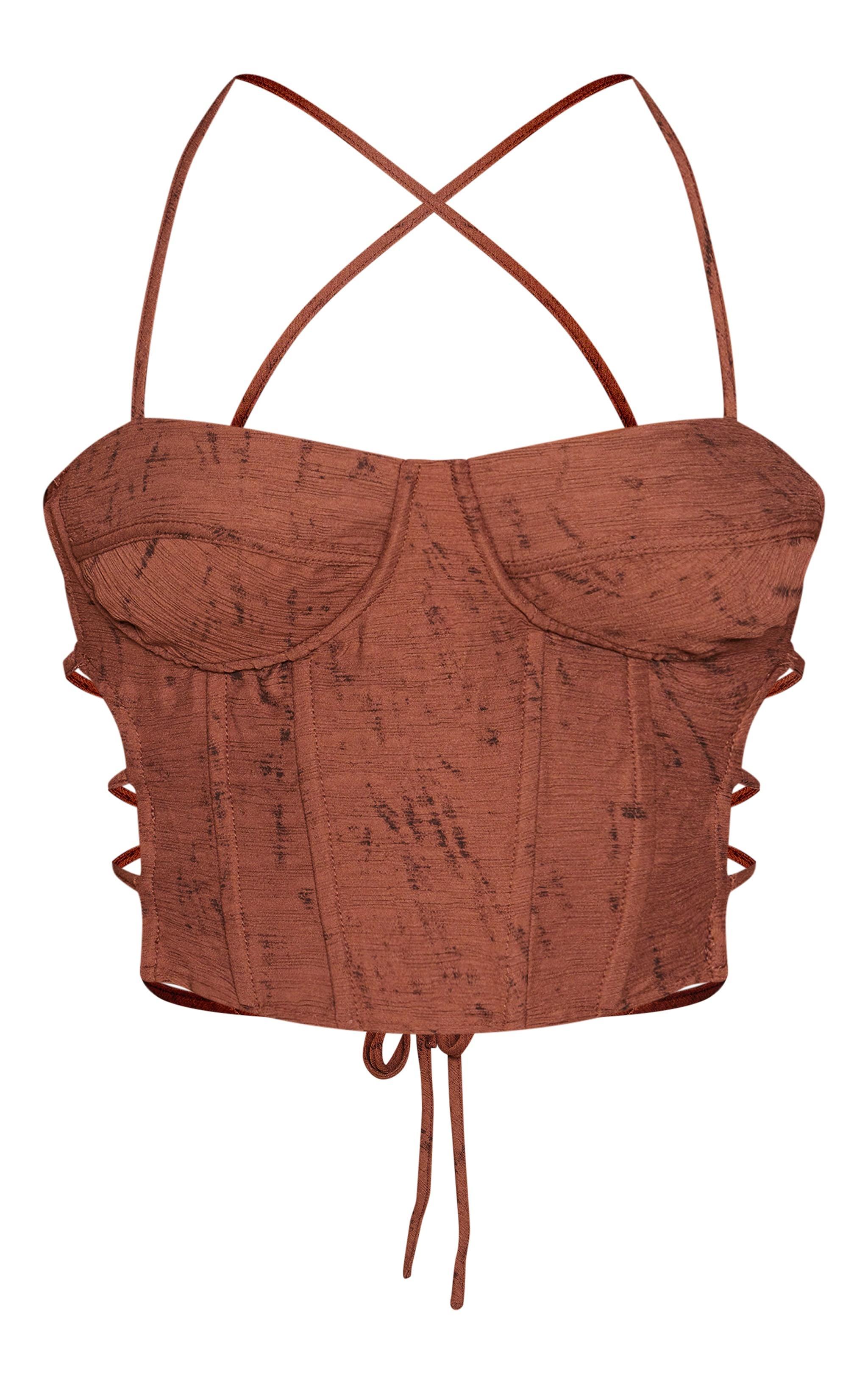 Brown Textured Woven Lace Up Back Top Product Image