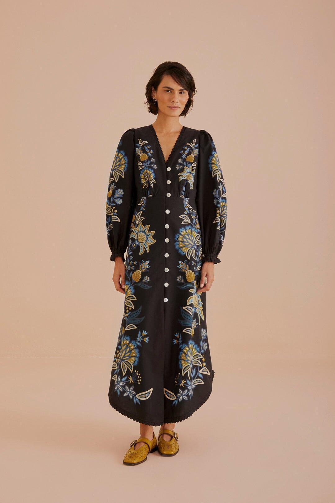 Black Stitched Garden Organic Cotton Midi Dress Product Image