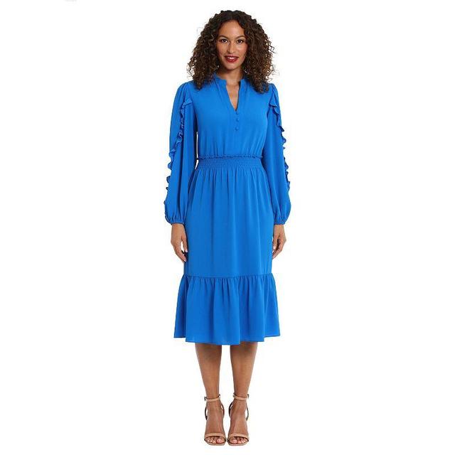 Womens London Times Bishop Sleeve Smocked-Waist Flounce Midi Dress Blue Product Image