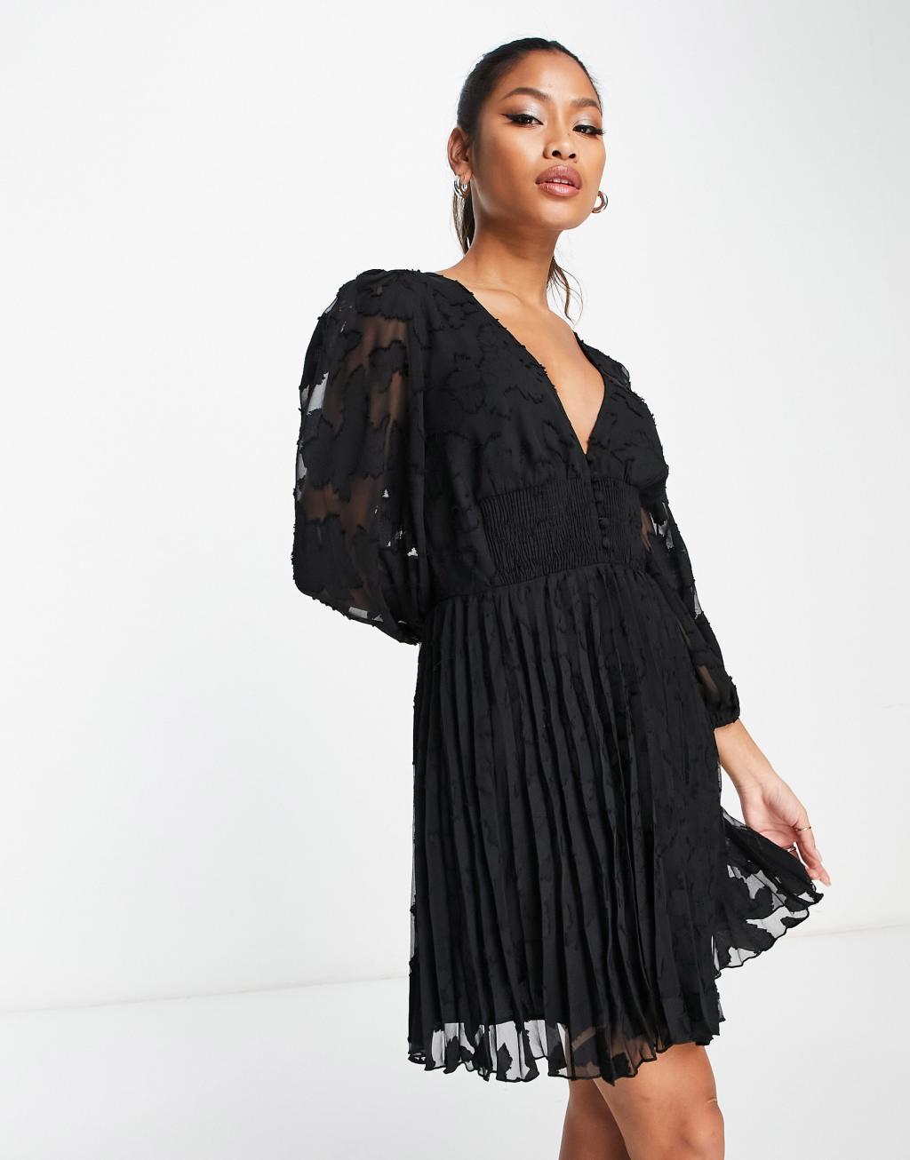 ASOS DESIGN burnout button up shirred waist pleated mini dress in black Product Image