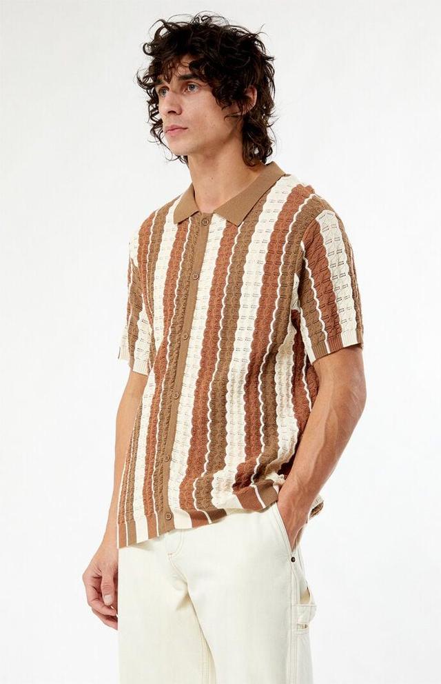 Men's Tan Button Down Knit Polo Shirt Product Image