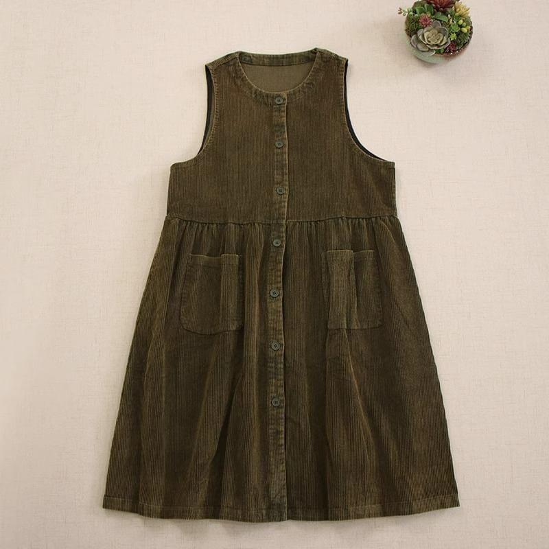 Plain Pocket Detail Corduroy Midi Overall Dress Product Image