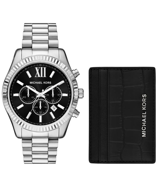 Michael Kors Mens Lexington Chronograph Stainless Steel Watch and Card Case Gift Set 44mm - Silver-tone Product Image