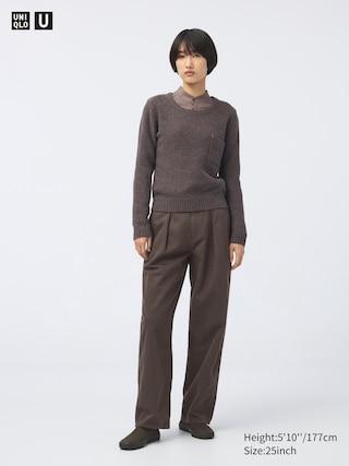 Womens Denim Pleated Pants Brown 24 inch UNIQLO US Product Image