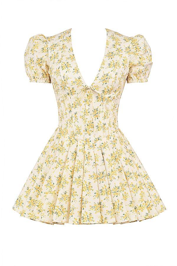 Imani Buttercup Vintage Floral Print Pleated Cotton Mini Dress Product Image