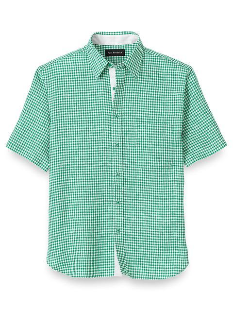 Linen Gingham Check Casual Shirt - Green Product Image