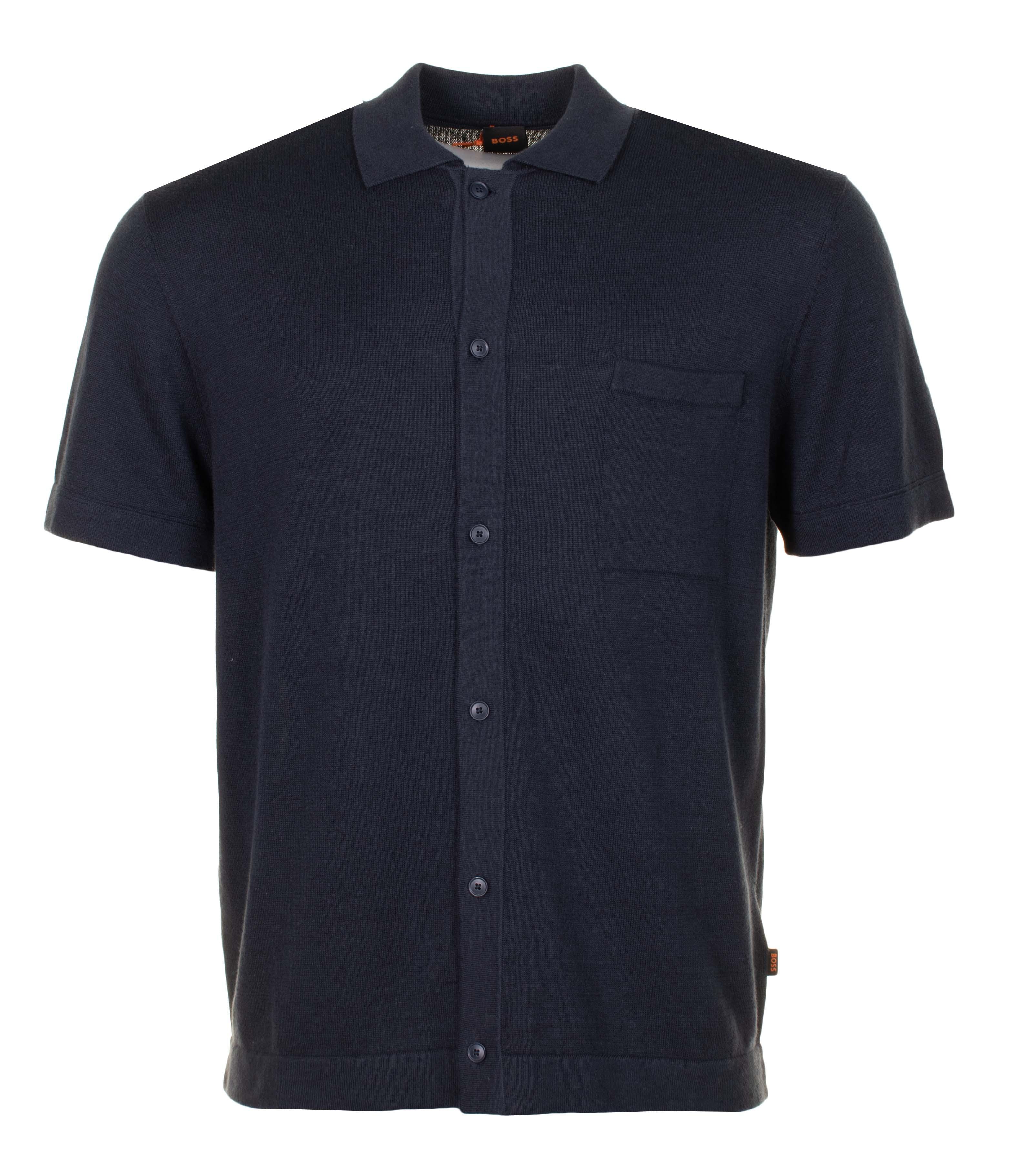 Kamiccio Knitted Full Button Short Sleeve Polo Shirt Dark Blue Product Image