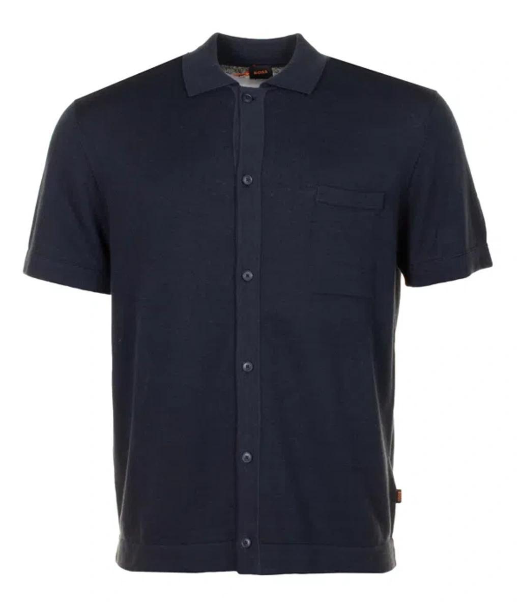 Kamiccio Knitted Full Button Short Sleeve Polo Shirt Dark Blue Product Image