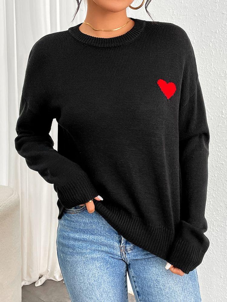 Long-Sleeve Crewneck Heart Jacquard Knit Top Product Image