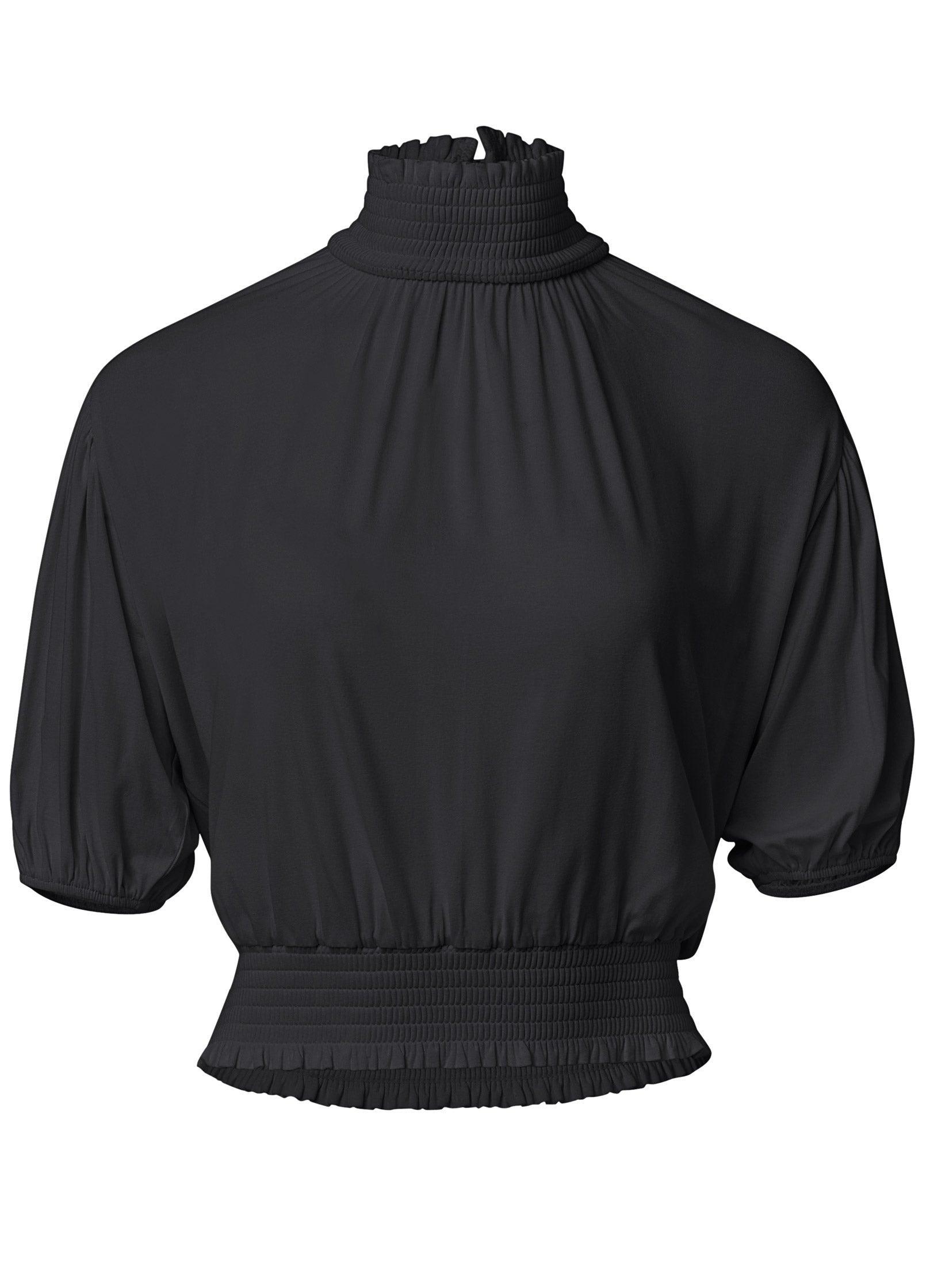 Smocked Mock-Neck Crop Top - Black Product Image