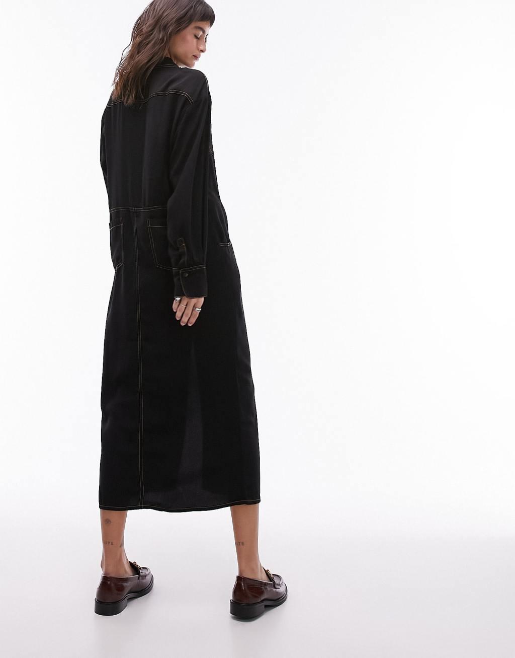 Topshop utility contrast top stitch shirt dress in black Product Image