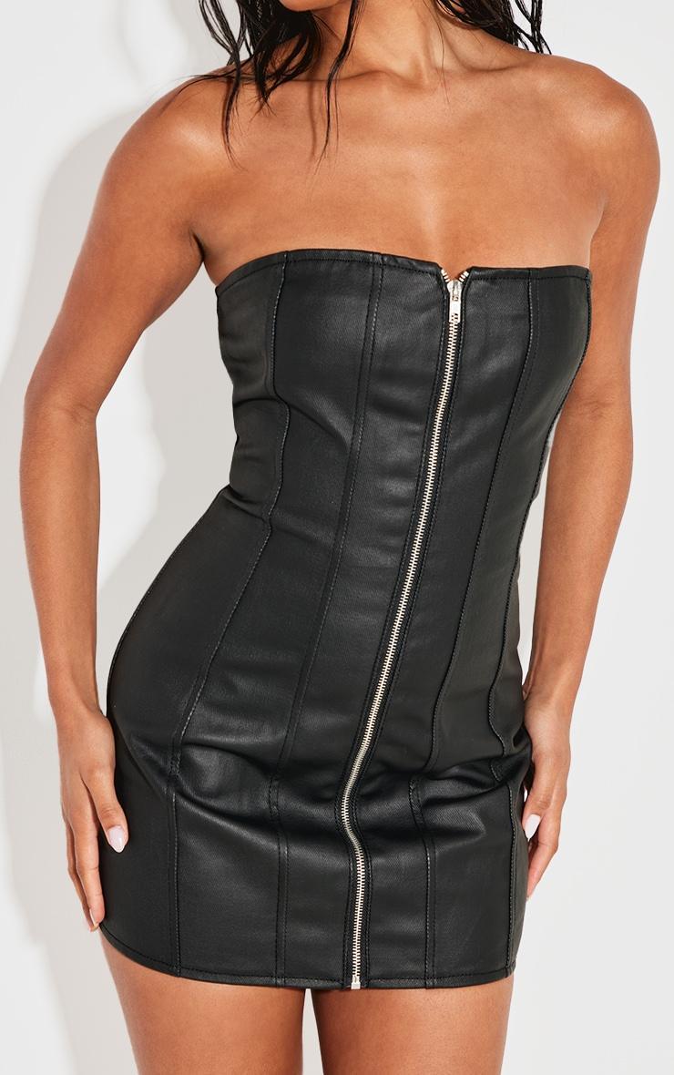 Black Coated Denim Exposed Seam Zip Up Bandeau Dress Product Image