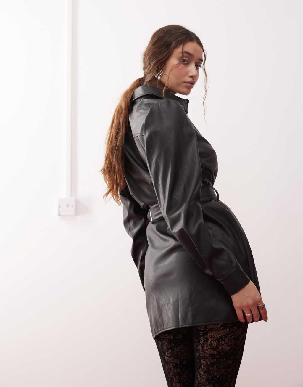 Miss Selfridge faux leather belted shirt dress Product Image