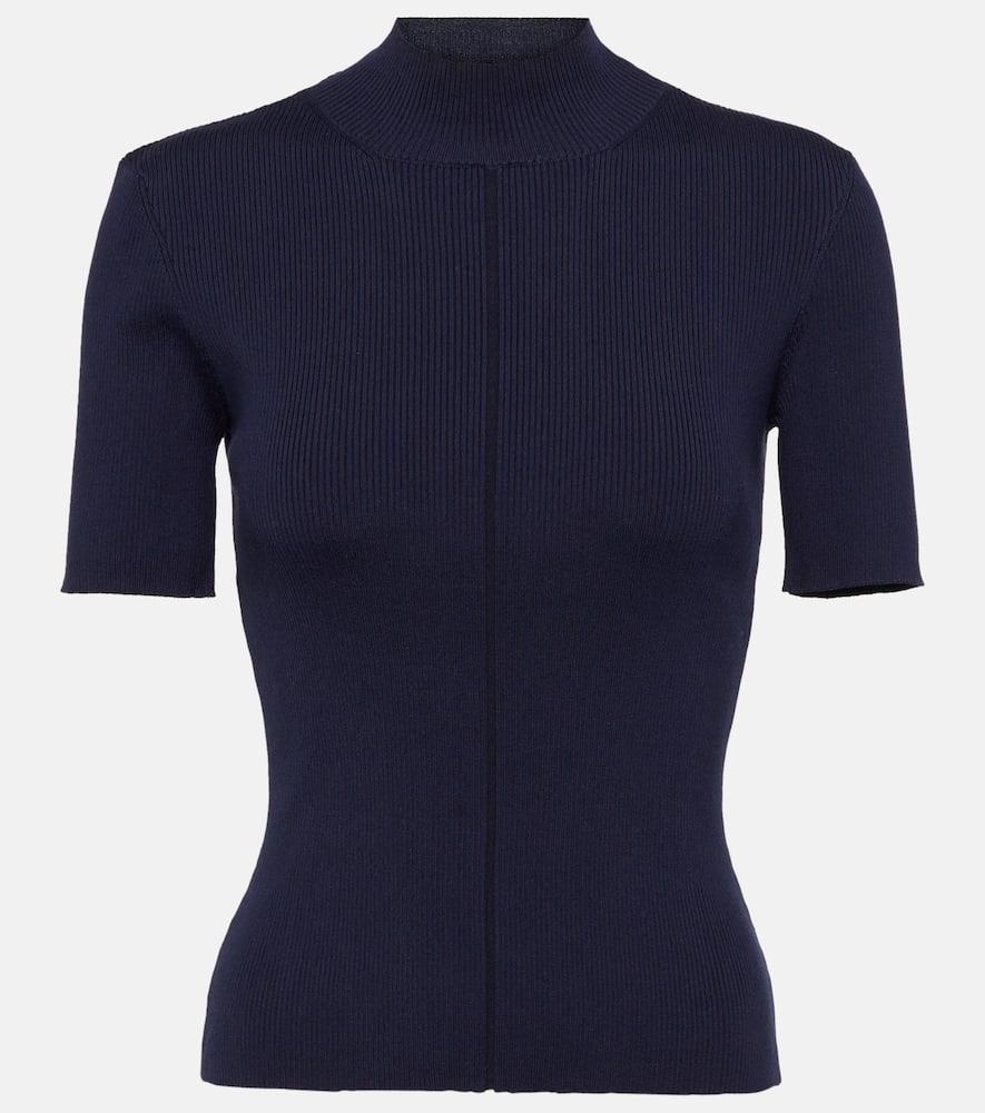 OSCAR DE LA RENTA Ribbed-knit Stretch-silk T-shirt In Navy Product Image