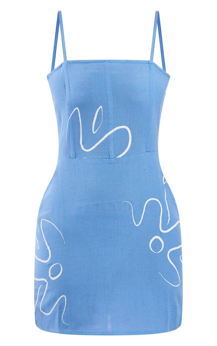 Blue Print Linen Look Strappy Bodycon Dress Product Image