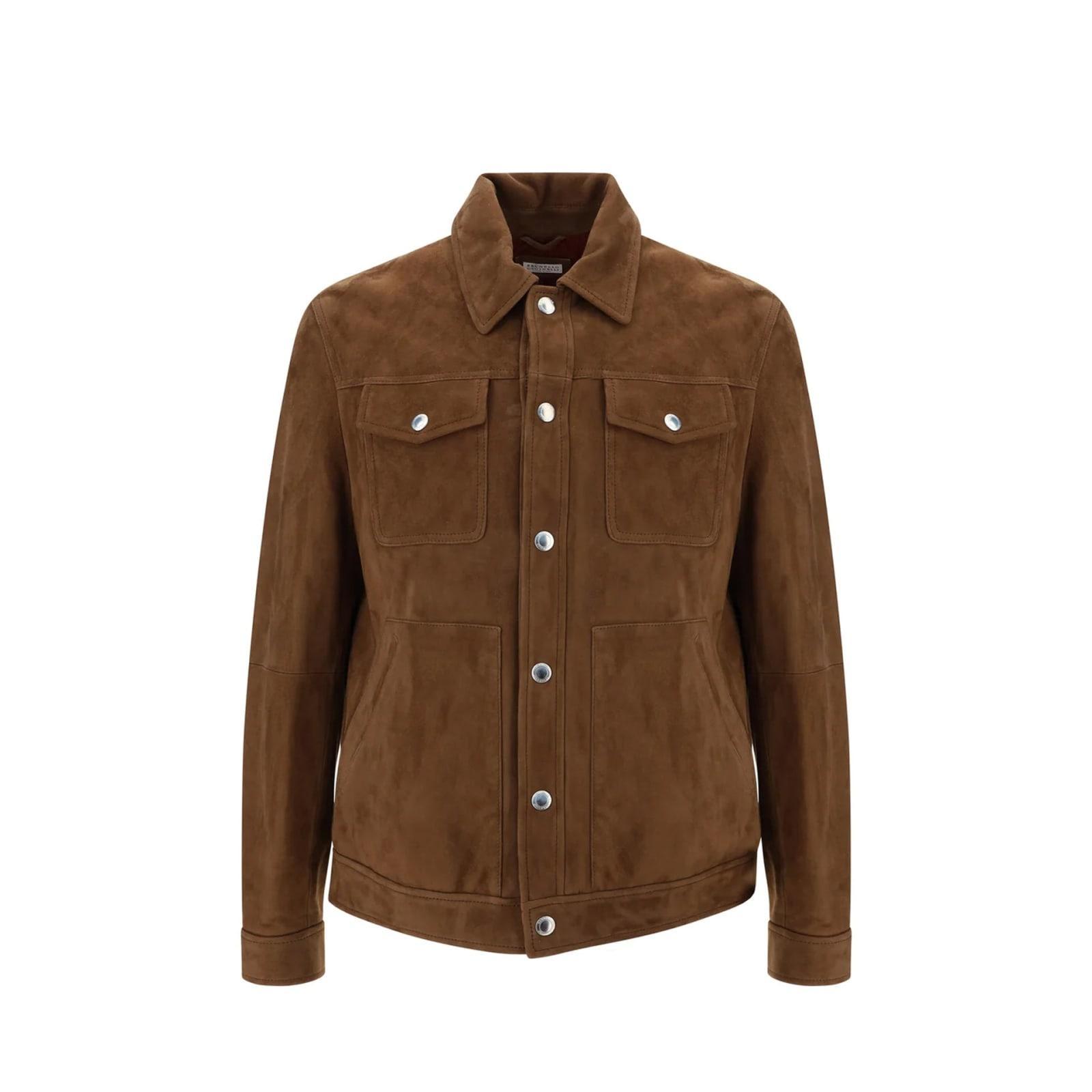 Leather Buttoned Jacket In Brown Product Image