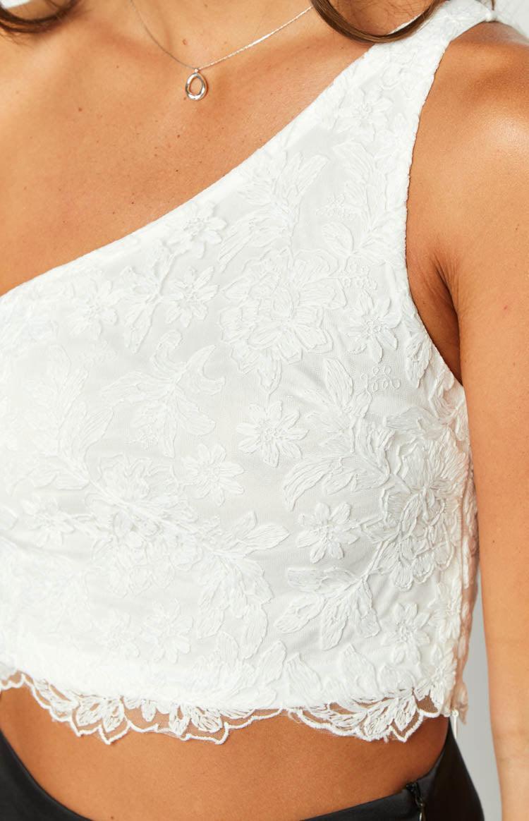 Maggie One Shoulder White Lace Crop Top Product Image