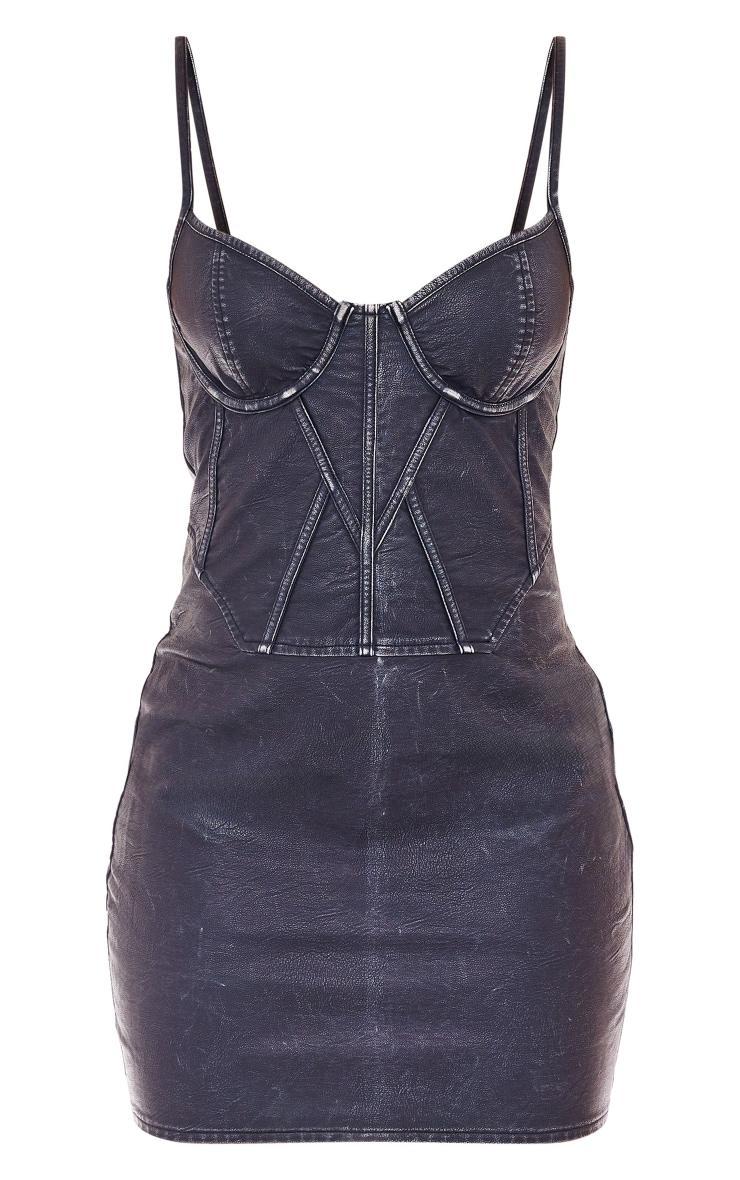 Black  Washed Faux Leather Strappy Bodycon Dress Product Image