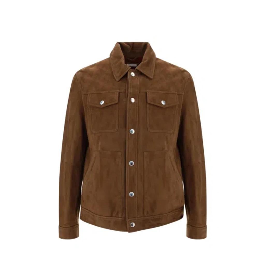 Leather Buttoned Jacket In Brown Product Image