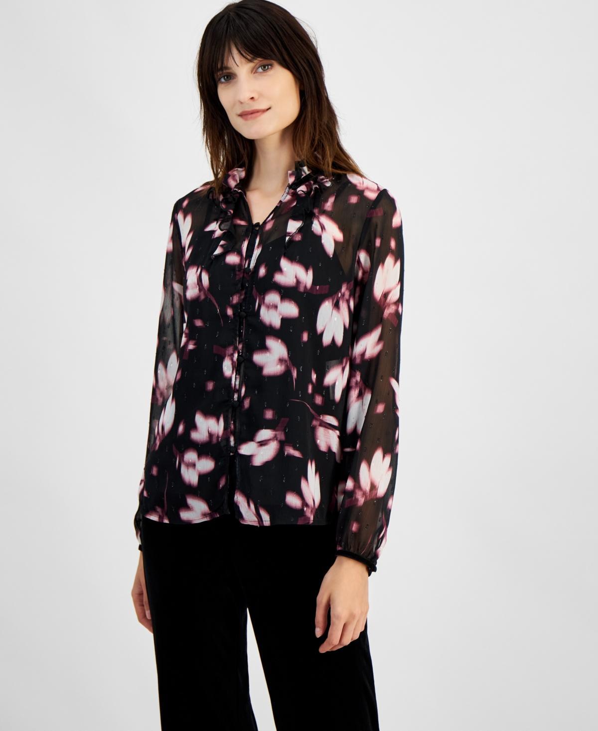 Anne Klein Womens Printed Long Sleeve Button-Front Shirt Product Image