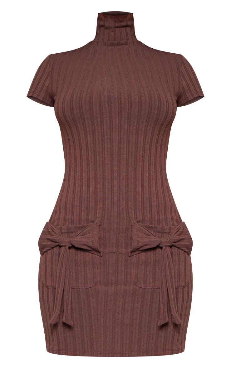 Chocolate Ribbed High Neck Bow Detail Bodycon Dress Product Image