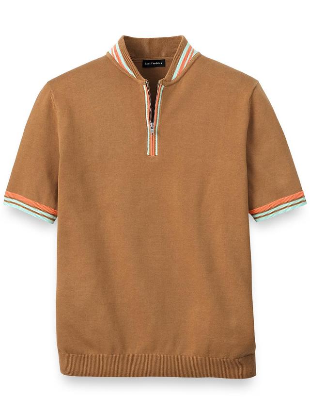 Cotton Quarter Zip Crew Neck Sweater - Brown Product Image