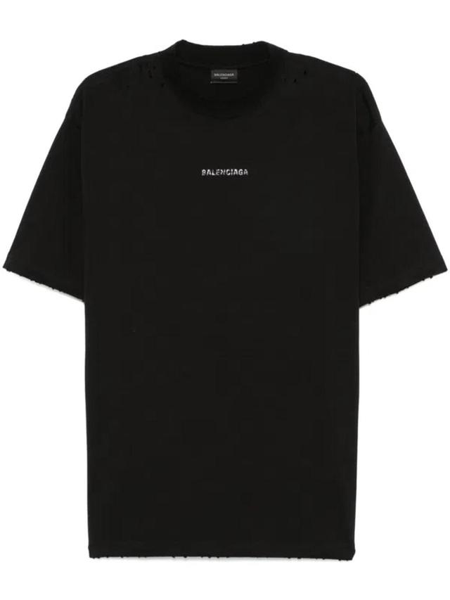 BALENCIAGA Short Sleeves Cotton Jersey Top With Rhinestone Logo In Black Product Image