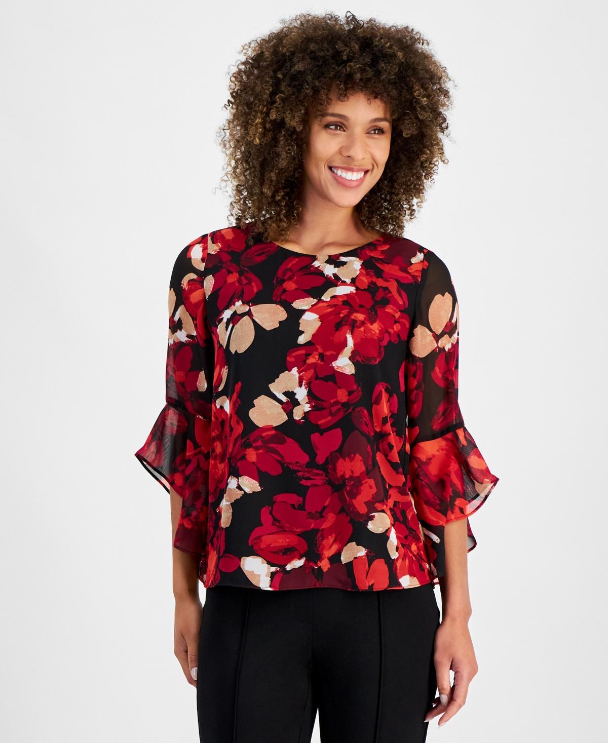 Kasper Womens Floral-Print Bell-Sleeve Scoop-Neck Top, Regular and Petite Sizes Product Image