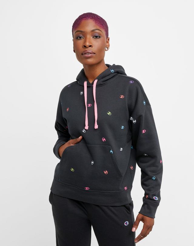 Womens Champion Powerblend Hoodie, Tossed Neon C Logos Black Multi L Product Image