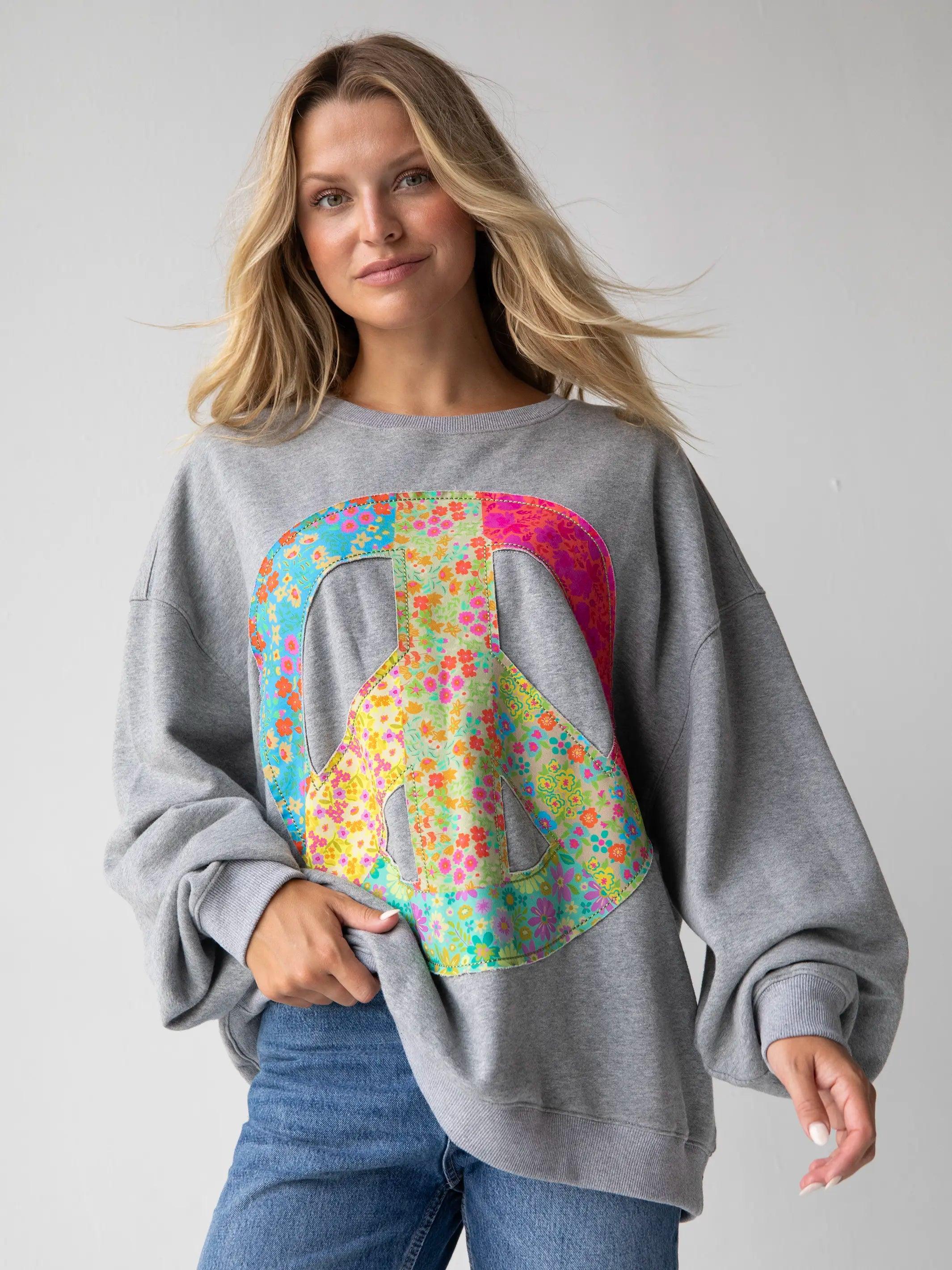 Applique Pullover Sweatshirt - Heather Grey Peace Sign Product Image