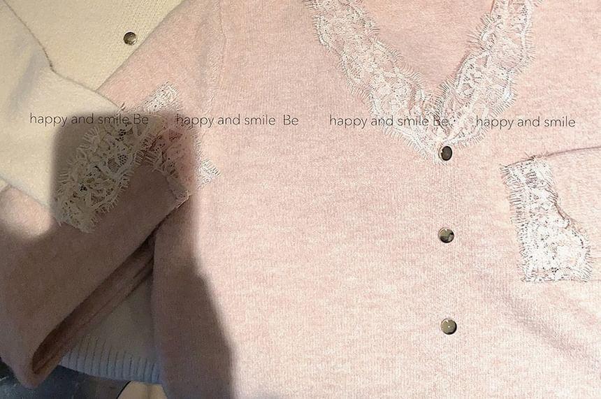 Long-Sleeve V-Neck Lace Trim Plain Knit Top Product Image