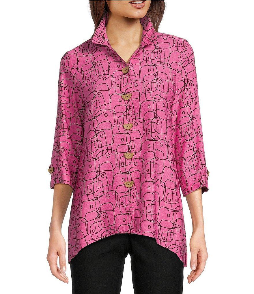 Ali Miles Petite Size Woven Abstract Print Wire Collar 3/4 Roll-Tab Sleeve Hi-Low Hem Blouse Product Image