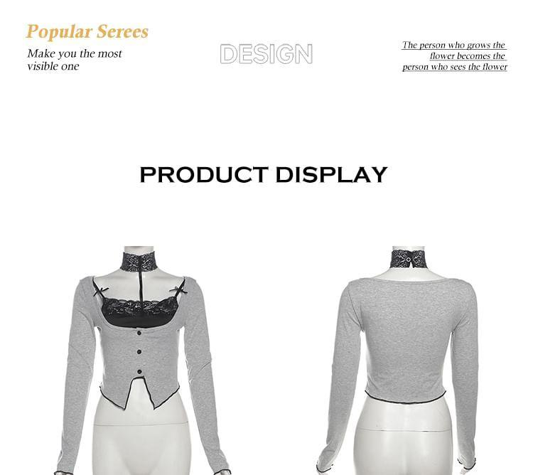 Long-Sleeve Plain Asymmetrical Lace Trim Cropped T-Shirt / Low Rise Mini A-Line Skirt Product Image