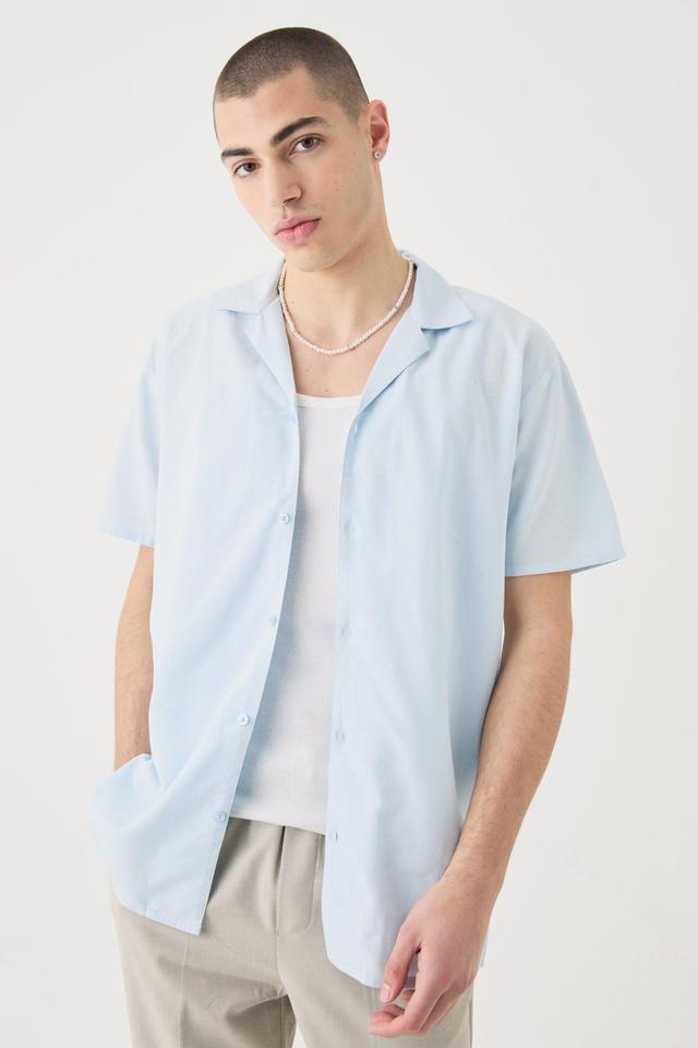 Mens Blue Short Sleeve Linen Shirt, Blue Product Image