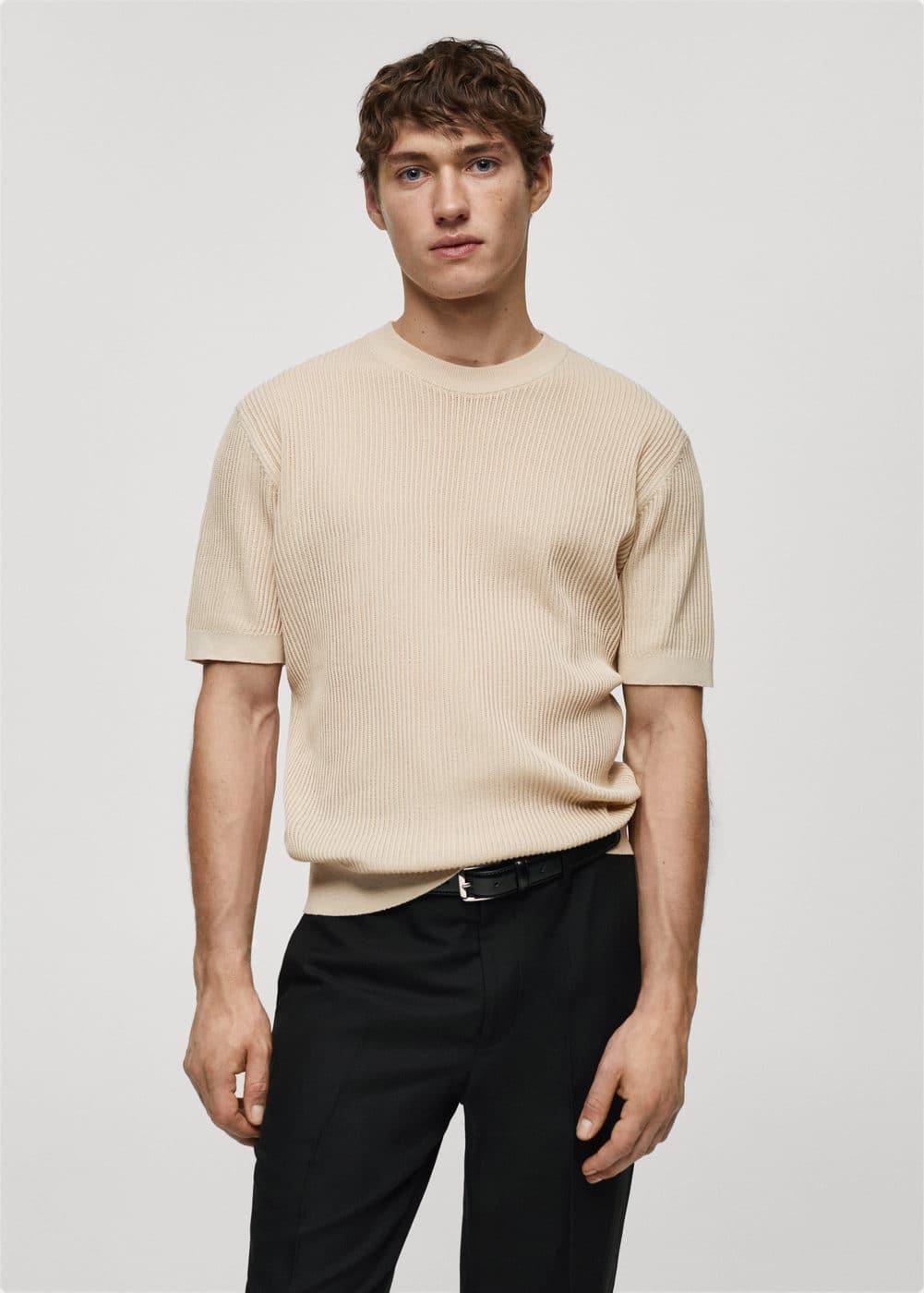 MANGO MAN - Ribbed cotton T-shirt beigeMen Product Image