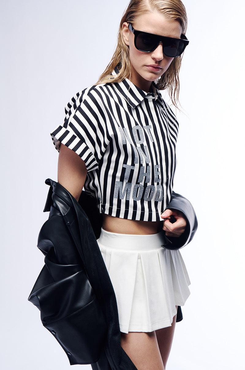 NOT IN THE MOOD STRIPED BUTTON DOWN CROP BLOUSE Product Image