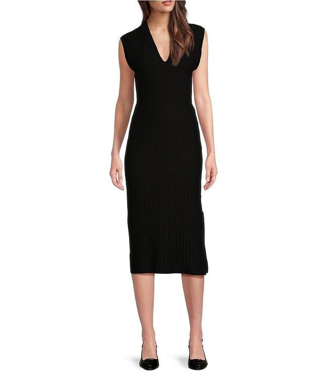 DKNY Sleeveless V-Neck Wide Rib Sweater Dress Product Image