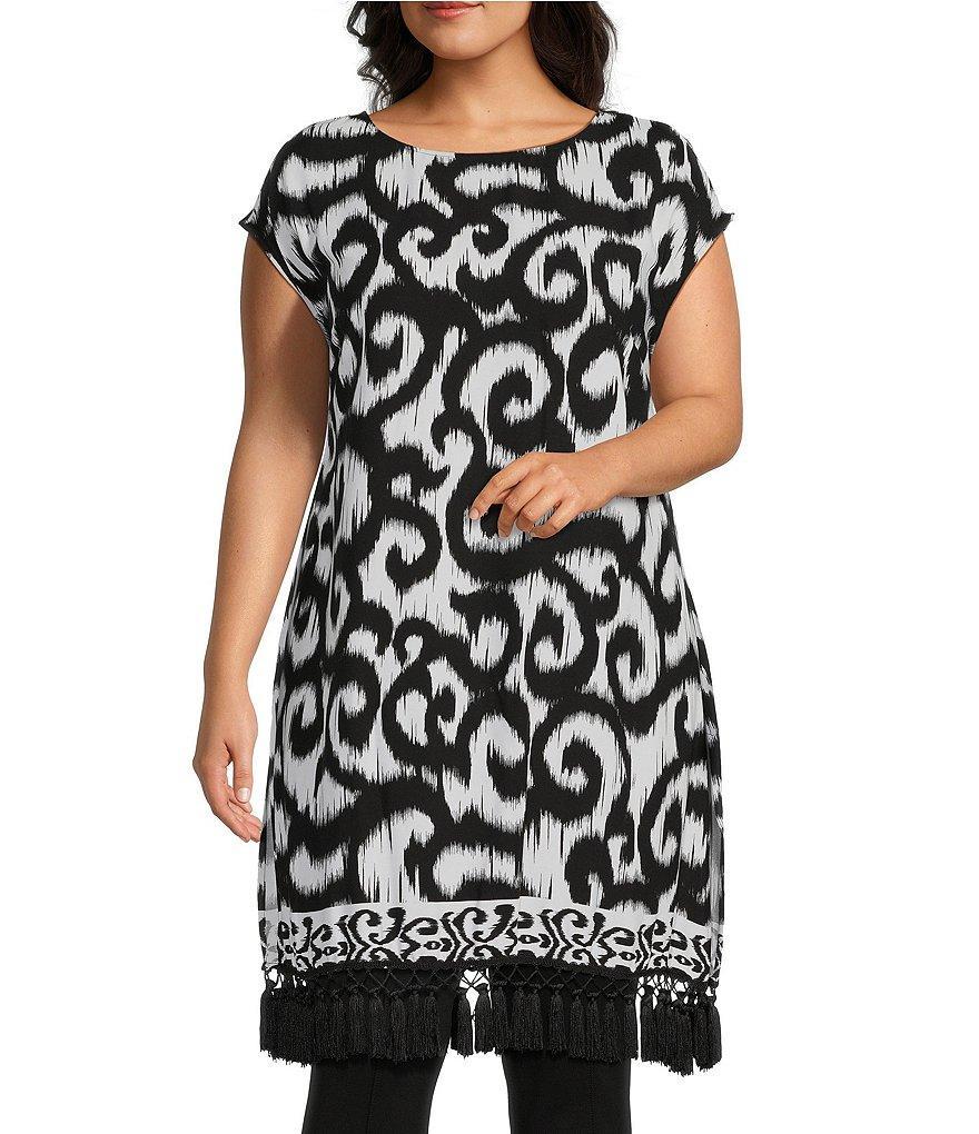 Slim Factor by Investments Plus Size Scrolling Ikat Print Boat Neck Capped Sleeve Tassel Trim Tunic Product Image