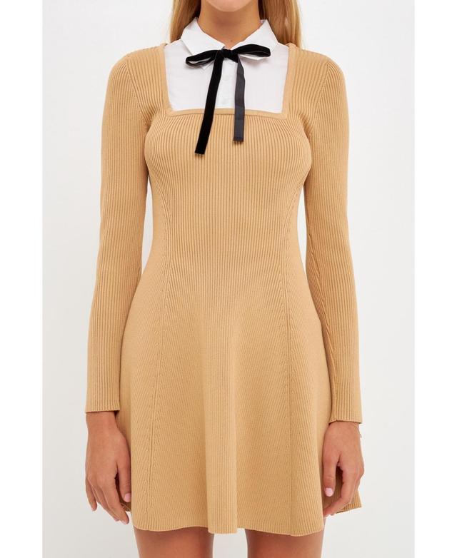 English Factory Mixed Media Long Sleeve Fit & Flare Sweater Minidress in Beige at Nordstrom, Size Large Product Image