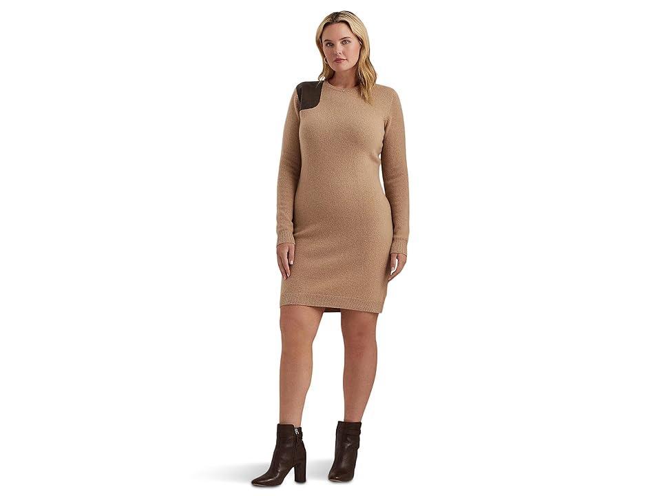 Lauren Ralph Lauren Plus Size Faux Leather Trim Wool Cashmere Dress (Classic Camel) Women's Sweater Product Image