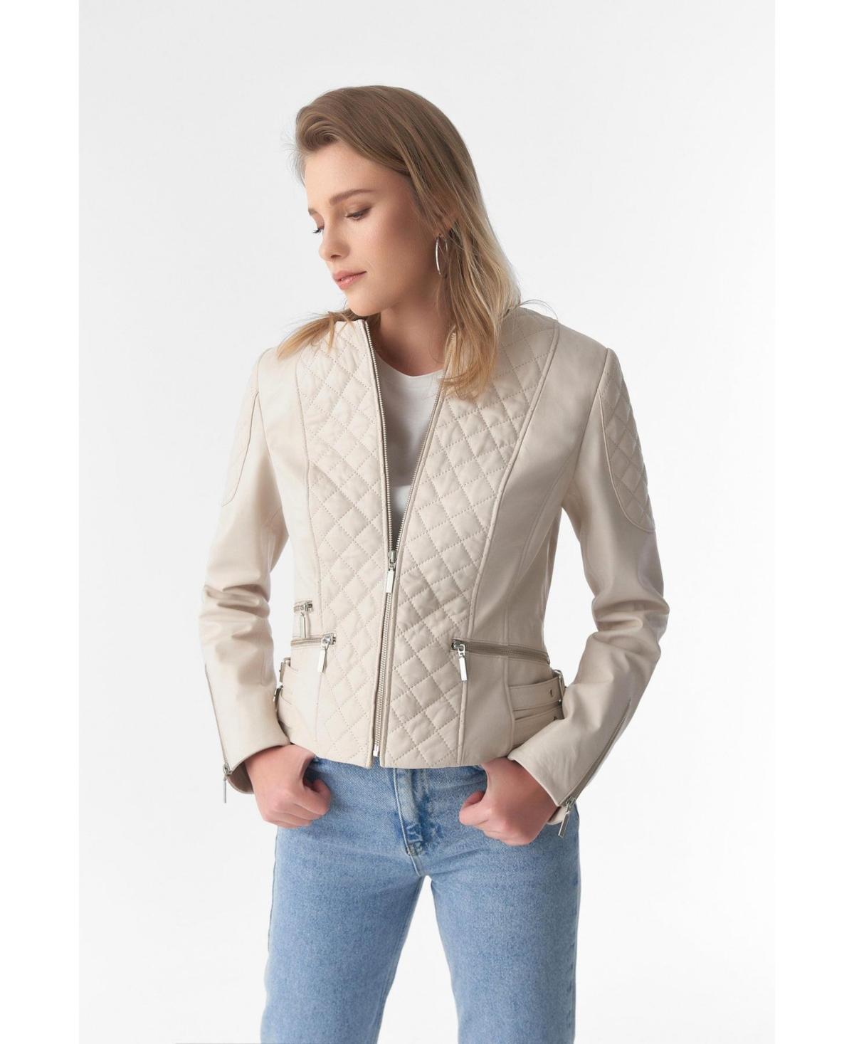 Furniq Uk Womens Genuine Leather Quilted Biker Jacket Beige Product Image