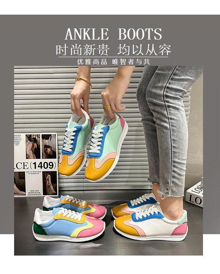 Color Block Lace-Up Faux Leather Sneakers Product Image