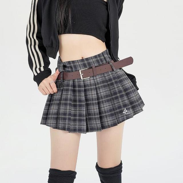 High Waist Plaid Pleated Mini A-Line Skirt Product Image