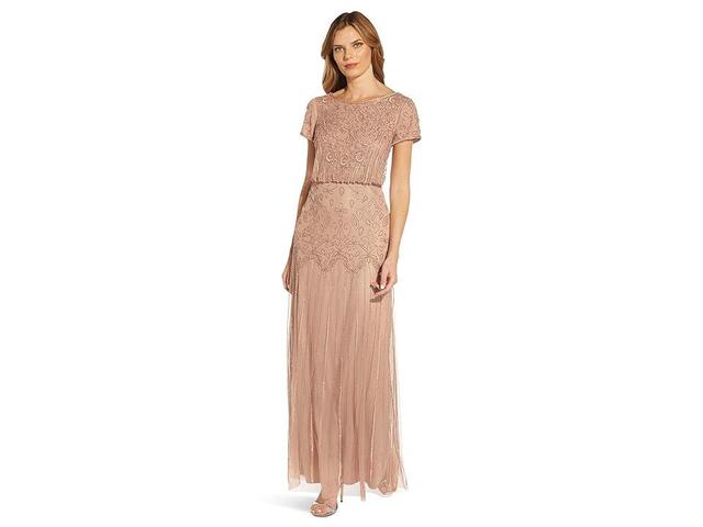 Adrianna Papell Boat Neck Short Sleeve Blouson Beaded Gown (Rose ) Women's Dress Product Image